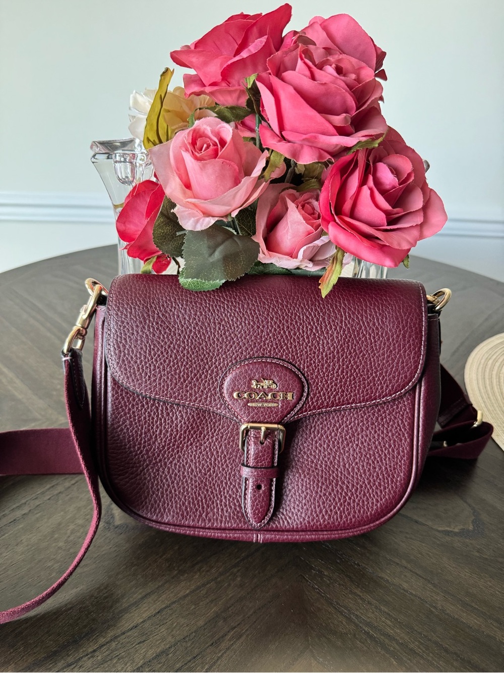 Coach Burgundy Pebbled Leather Crossbody with Gold Accents